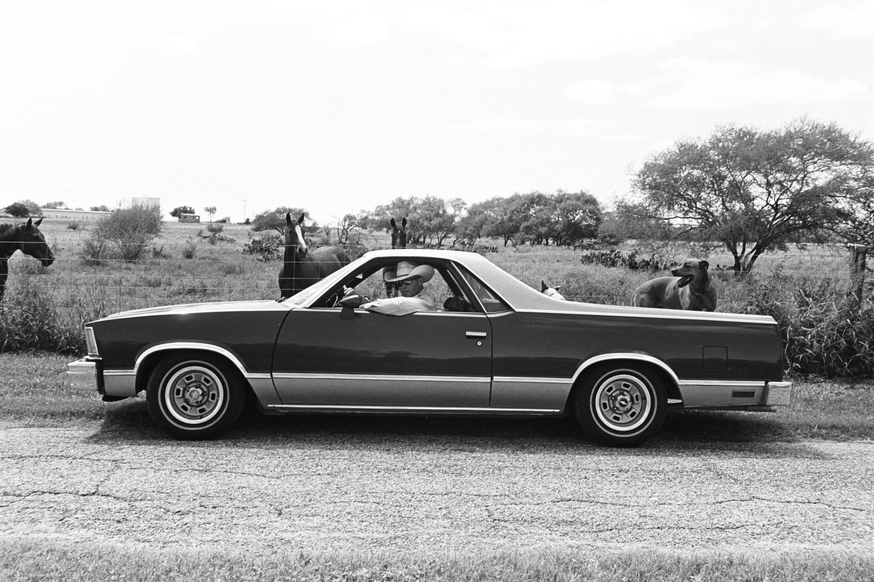 A cowboy drives a car